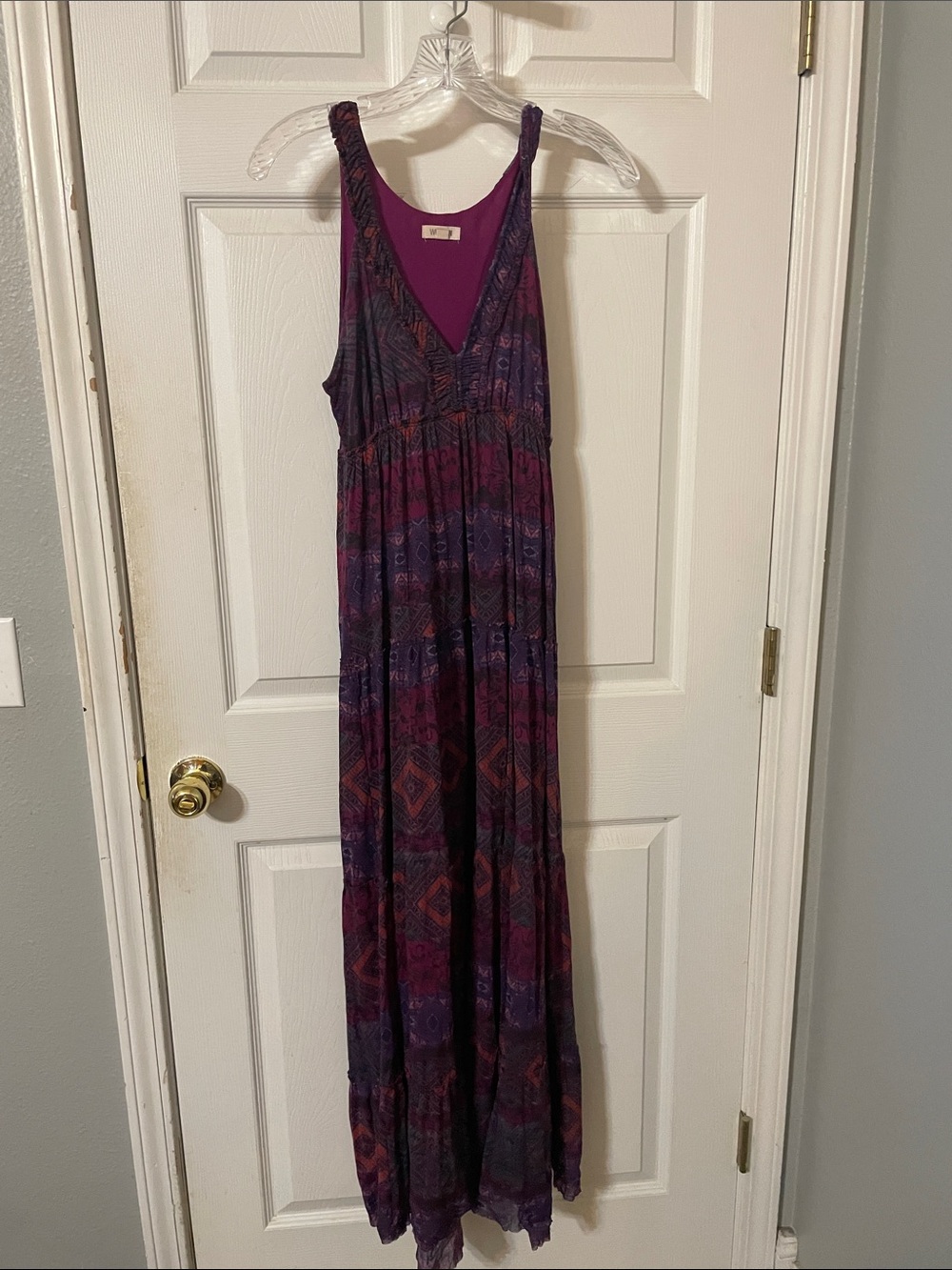 Women's Purple Patterned Maxi Dress - Sleeveless V-Neck